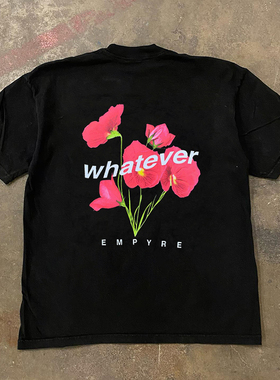 Whatever Empyre 鲜花复古落肩短袖黑色t恤设计感宽松百搭上衣潮