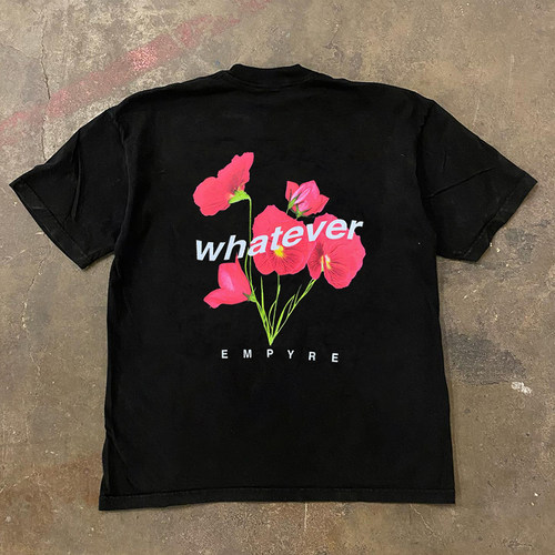 Whatever Empyre 鲜花复古落肩短袖黑色t恤设计感宽松百搭上衣潮