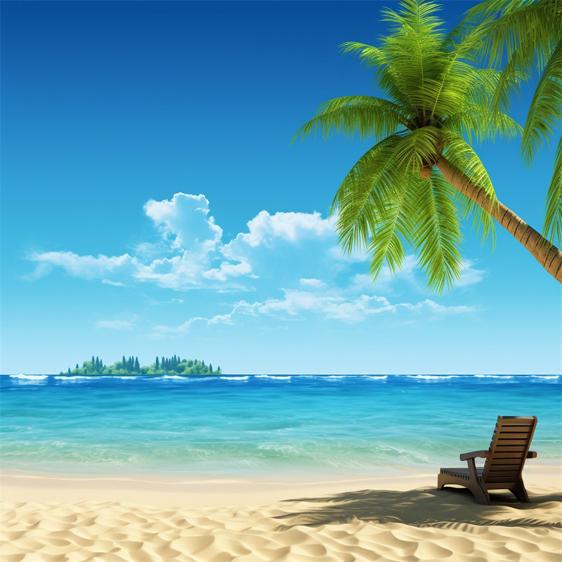 沙滩大海美景直播背景墙布阳光椰树蓝天白云海浪蓝色系3D立体背景