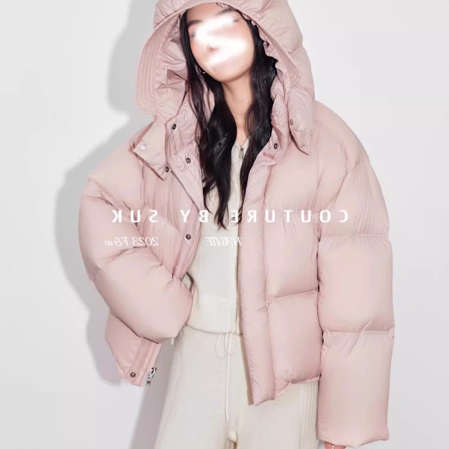 25年秋冬保暖连帽可拆宽松通勤90白鹅绒粉色羽绒服面包服女