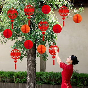 农村院子树上灯笼挂件新房户外绿植喜字挂饰装饰布置婚庆用品大全