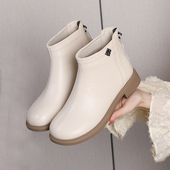 女鞋 真皮软底圆头米白色短靴女2026新款 舒适春秋单靴平底靴子大码