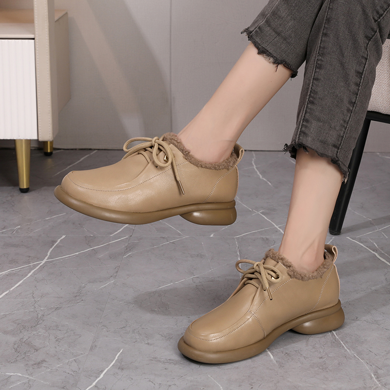 真皮平底加绒单鞋系带女鞋大码