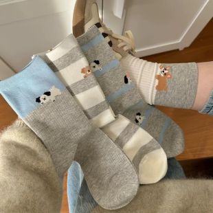 条纹小狗袜子女中筒袜子夏季 可爱日系卡通条纹撞色 薄款 ins潮韩版