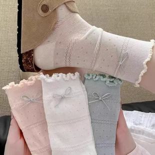 薄款 夏季 棉质女袜透气花边蝴蝶结日系甜美女袜中筒袜子少女堆堆袜