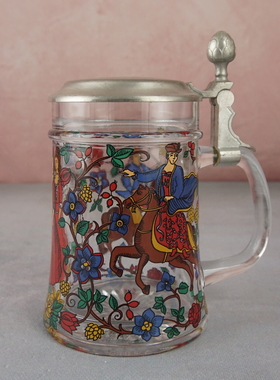 西洋收藏品 德国锡盖彩色图案玻璃啤酒杯 复古欧式居家装饰摆件
