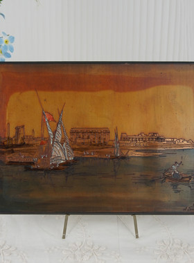 西洋收藏品挂画 埃及手工填色风景铜板画 复古居家装饰画摆件