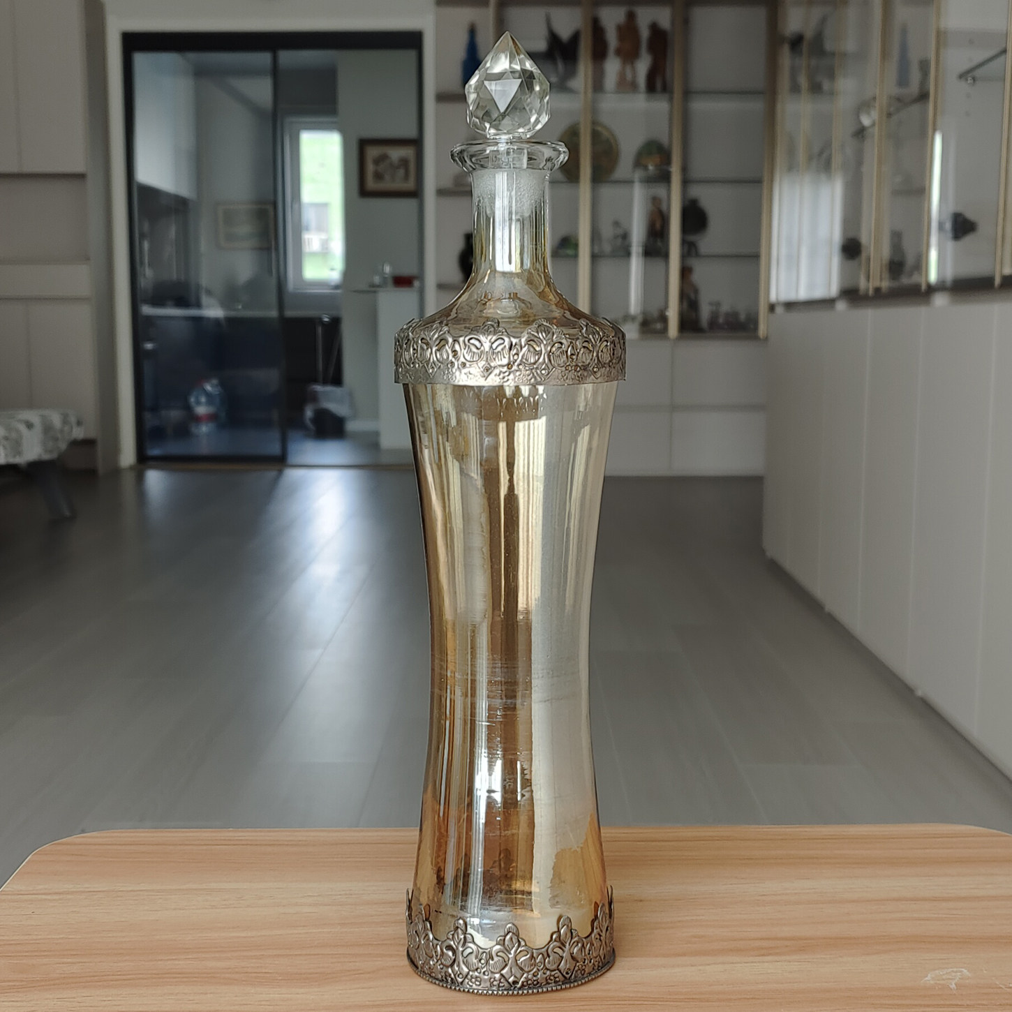 西洋收藏品 手工制作琥珀色水晶玻璃醒酒器葡萄酒瓶 复古装饰酒具