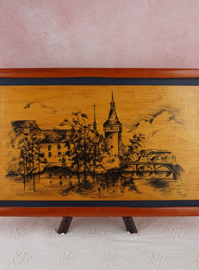 西洋收藏品 美国1973年手工制作木板水墨烫画 中古挂画装饰摆件