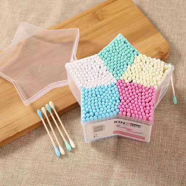 [COLOR COTTON SWABS] CREATIVE BOXED FIVE-COLOR 500 DOUBLE-ENDED DISPOSABLE WOODEN STICK COTTON SWABS TO REMOVE MAKEUP AND EAR CLEANING COTTON SWABS