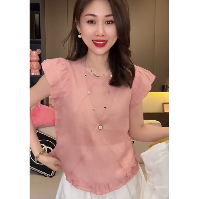 荷叶花边飞飞袖衬衫女夏新款上衣