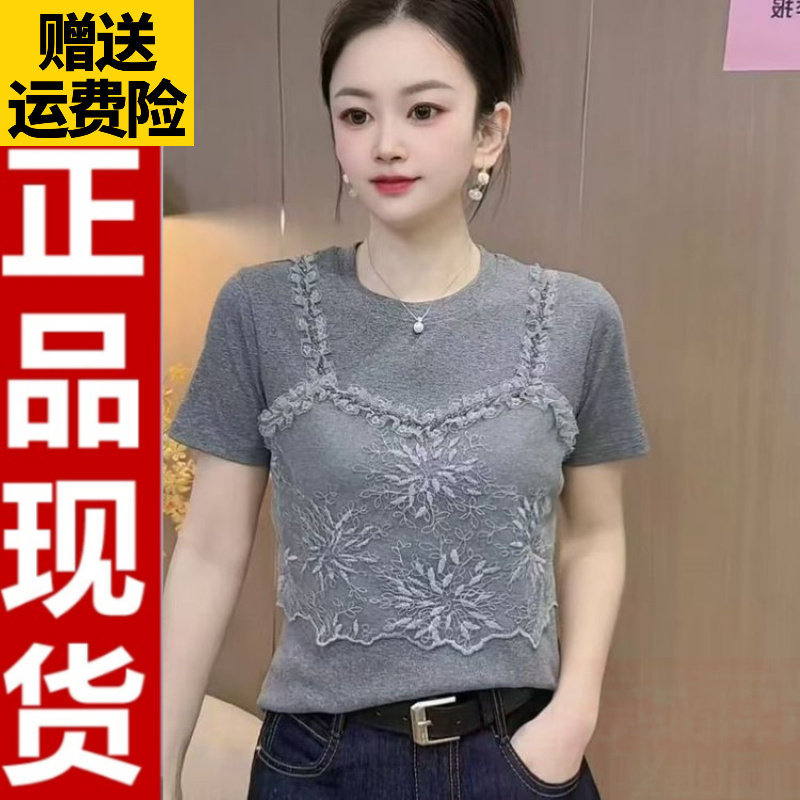 蕾丝拼接假两件T恤356