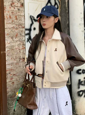 韩国RR同款字母刺绣拼接棒球服女宽松夹克短外套棉服