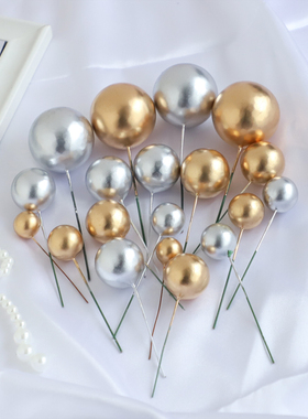 网红金球银球蛋糕装饰插件金属珠子粉白彩色小圆球生日甜品台摆件
