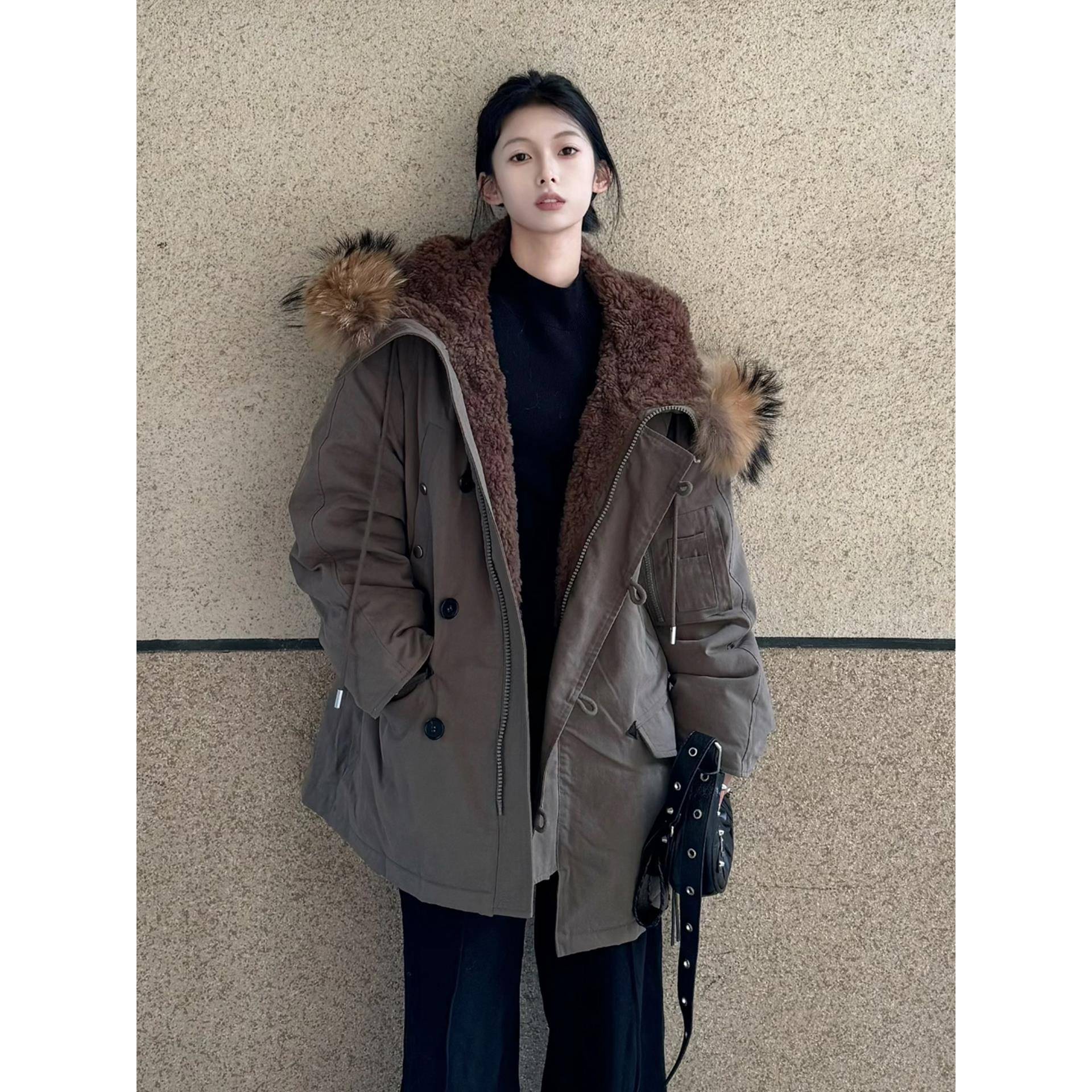 2025新款冬季羽绒棉服女款中长款羊羔毛派克服加绒小个子棉袄外套