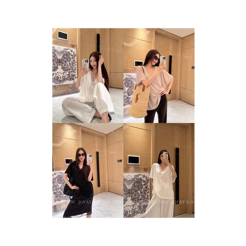 |韩女蕾丝T|极简风蕾丝V领T 休闲气质小众设计师风夏季 T0999