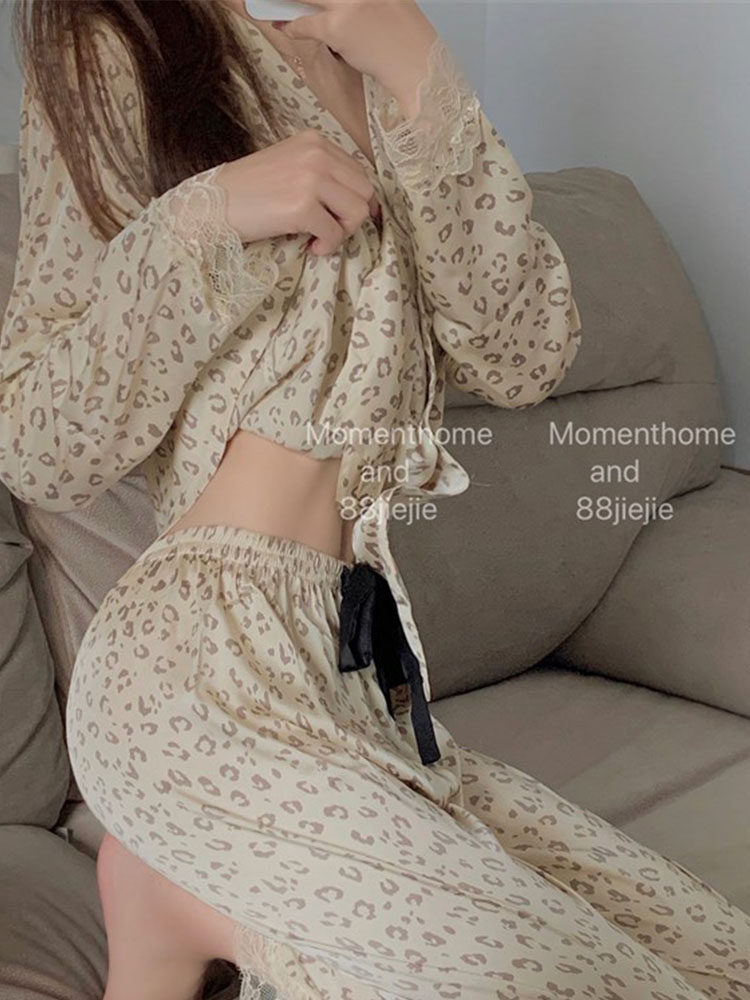 SEXY LITTLE LEOPARD PRINT PURE LUST  SMOOTH AND COMFORTABLE SILK LONG-SLEEVED SLEEPING YI WOMENS SUIT HOME JU SUIT TWO-PIECE SET