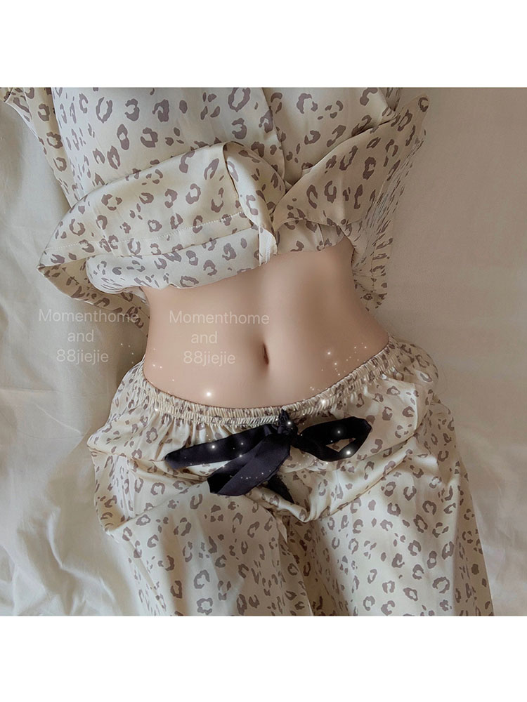 SEXY LITTLE LEOPARD PRINT PURE LUST SMOOTH AND COMFORTABLE SILK LONG-SLEEVED SLEEPING YI WOMENS SUIT HOME JU SUIT TWO-PIECE SET