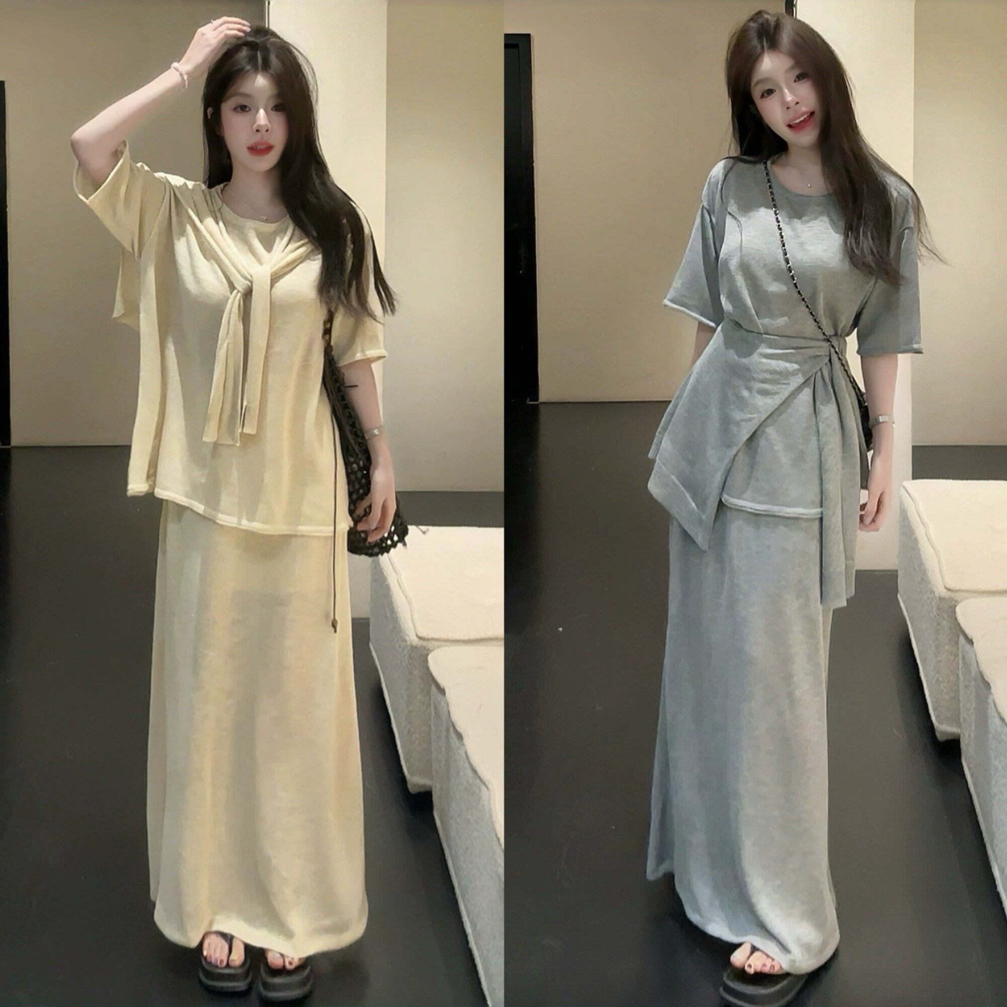 巨好看的夏装套装女韩系松弛慵懒风宽松短袖上衣披肩半身裙三件套