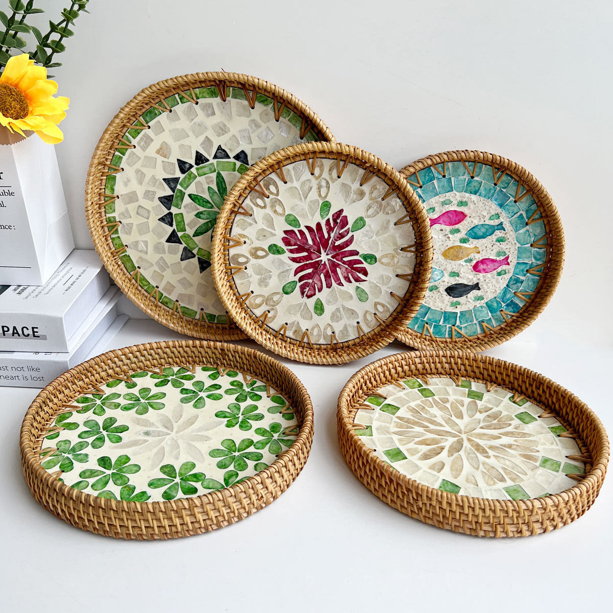 越南手工编织藤编贝壳托盘水果盘客厅收纳果盘家用创意零食点心篮