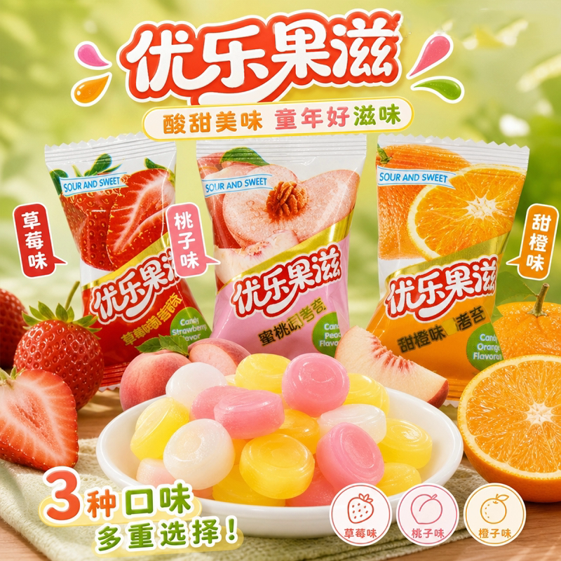 传统水果味硬糖3种口味草莓桃子甜橙味酸甜美味童年好滋味