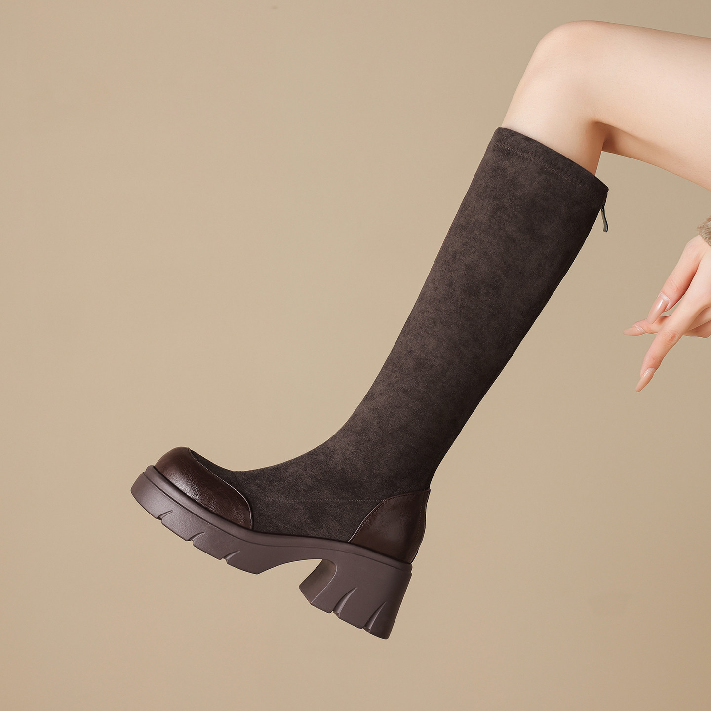 ladyblack瘦瘦厚底高筒骑士靴弹力绒面长靴增高小个子大码女41-43,女鞋,骑士靴,淘宝优惠券,粉丝福利购,淘宝优惠卷