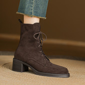 ladyblack粗高跟尖头系带马丁靴女秋冬大码 复古侧拉链短靴子41