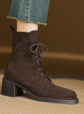 ladyblack粗高跟尖头系带马丁靴女秋冬大码复古侧拉链短靴子41-43