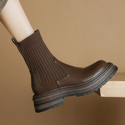 针织拼接袜子短靴女圆头大码单靴