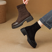 ladyblack厚底粗高跟弹力绒面拼接短靴女冬后拉链大码 瘦瘦靴41