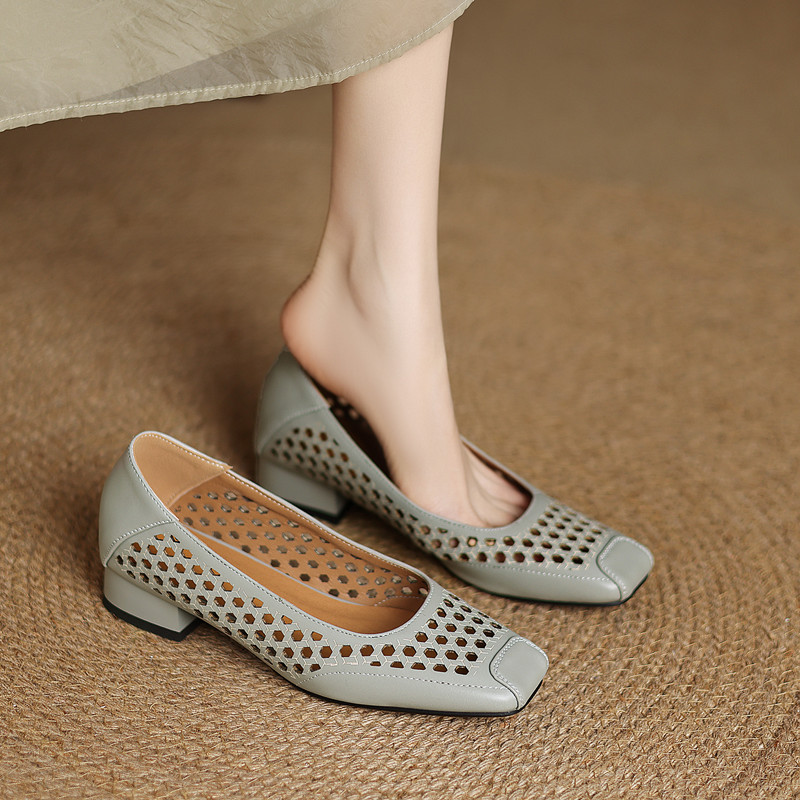 镂空洞洞凉鞋女春粗中跟乐福单鞋