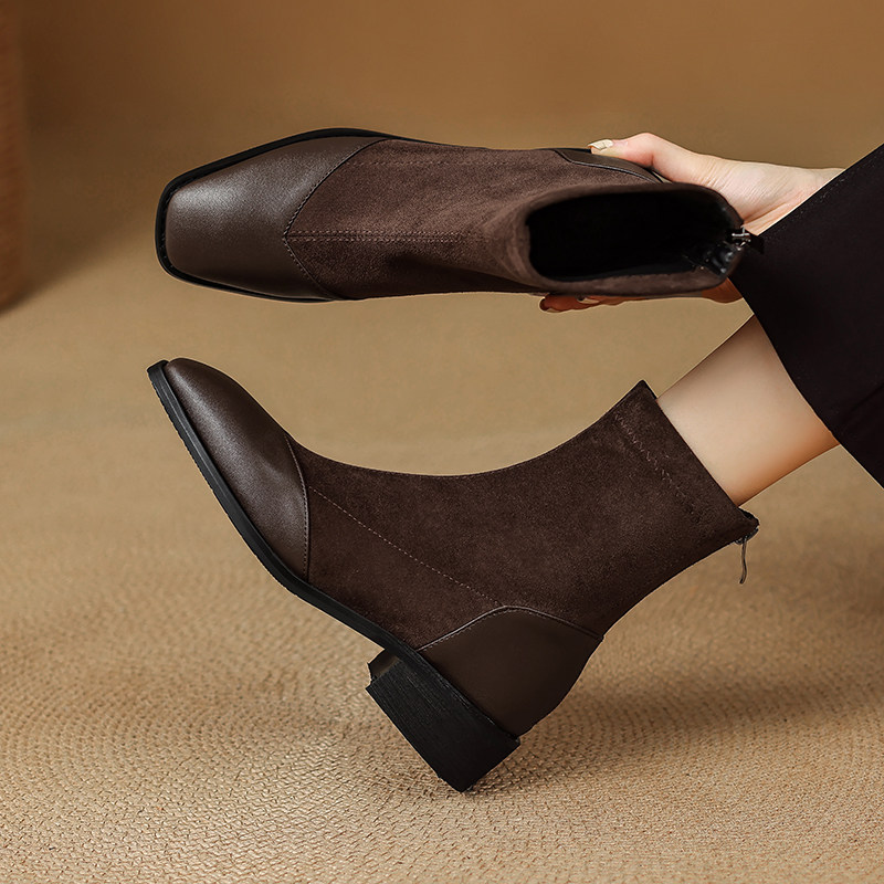 ladyblack粗中跟方头弹力绒面拼接短靴女秋冬后拉链大小码子41-43,女鞋,弹力靴/袜靴,淘宝优惠券,粉丝福利购,淘宝优惠卷