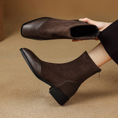 ladyblack粗中跟方头弹力绒面拼接短靴女秋冬后拉链大小码 子41