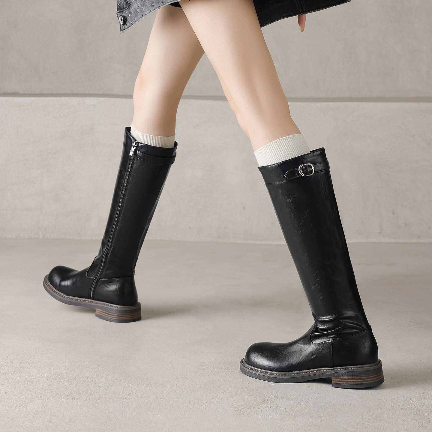 厚底中跟软底侧拉链大码棕色长靴