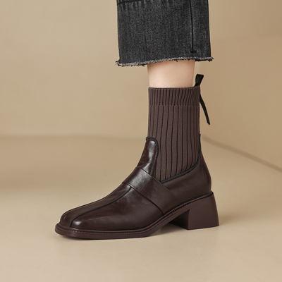 粗高跟袜子拼接弹力瘦瘦单靴女