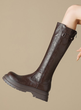 ladyblack超软厚底高跟后拉链高筒骑士靴女秋冬圆头大码长靴41-43