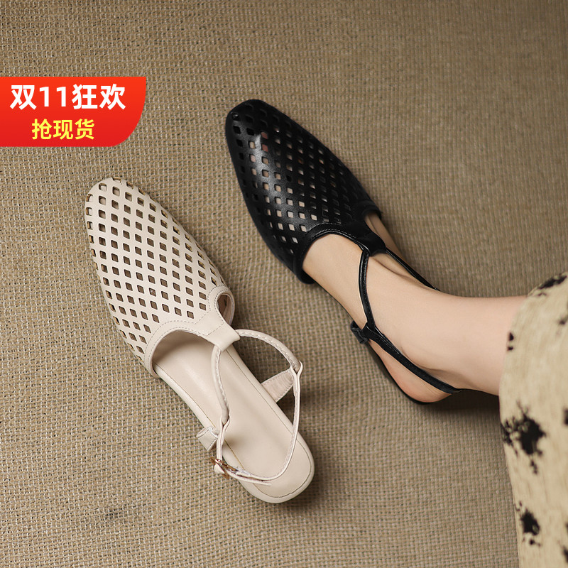 粗中跟包头镂空洞洞T字扣凉鞋女