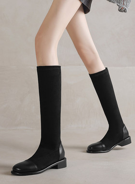 ladyblack3340大码41-43粗中跟绒面拼接弹力瘦瘦不过漆高筒长靴女