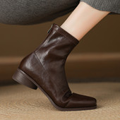 ladyblack粗中跟方头显瘦后拉链短靴女秋冬弹力复古大码 单靴41