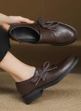 ladyblack3340复古系带大码小皮鞋女深口粗中跟春秋圆头单鞋41-43