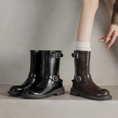 ladyblack 皮带扣厚底中跟短靴女秋冬后拉链粗跟马丁单靴大码 4142