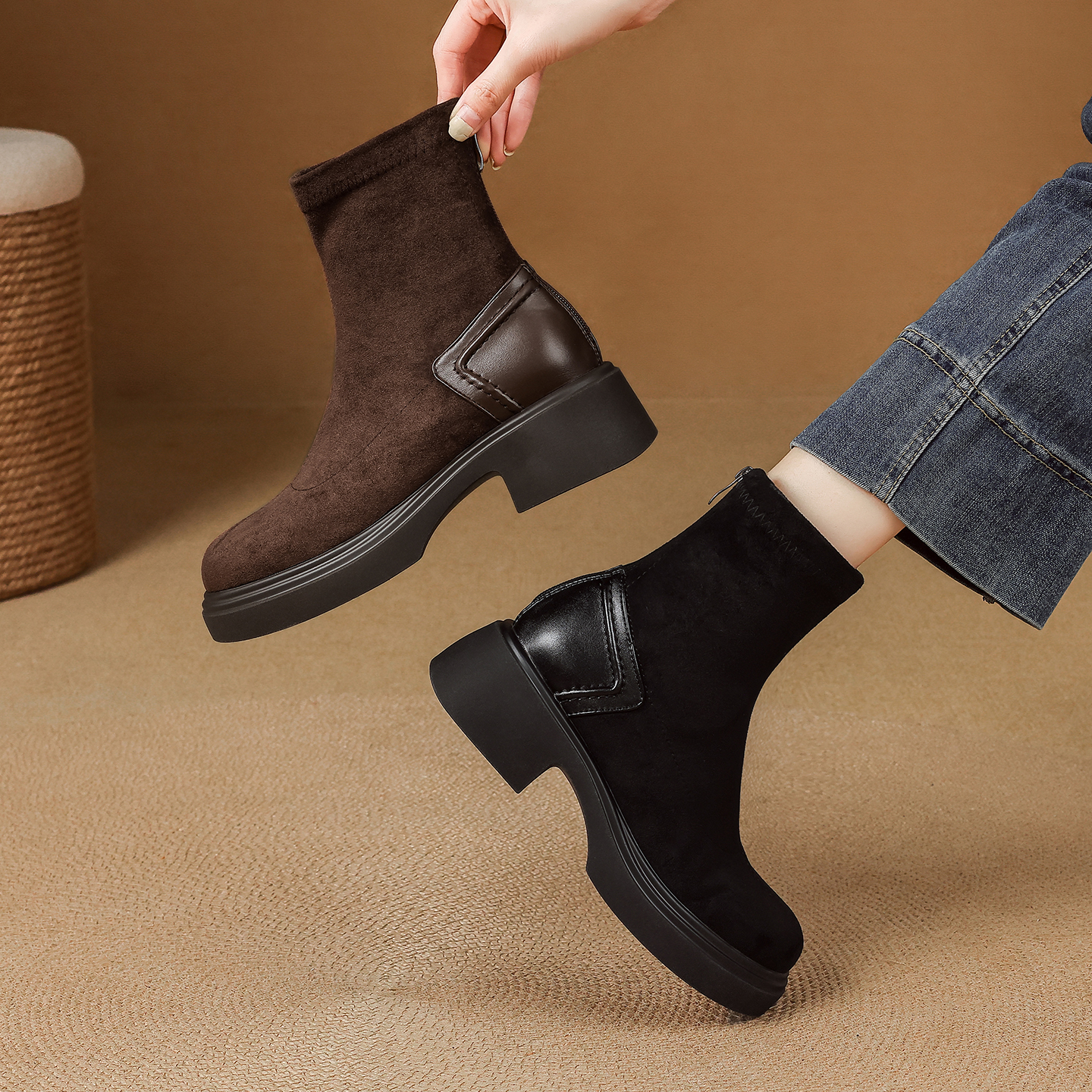 后拉链厚底粗高跟大码短靴女4143