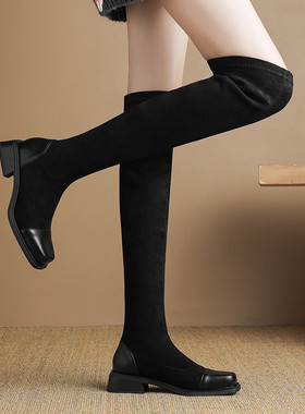 ladyblack3340大码41-43方头绒面拼接过膝高筒秋冬中粗跟弹力靴女