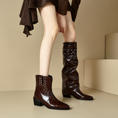 ladyblack两穿可拆卸高筒骑士靴女尖头粗高跟大码 32机车短靴41