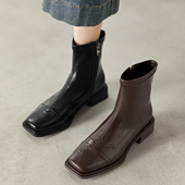 ladyblack 简约方头粗中跟短靴女百搭侧拉链弹力大码 瘦瘦单靴4142