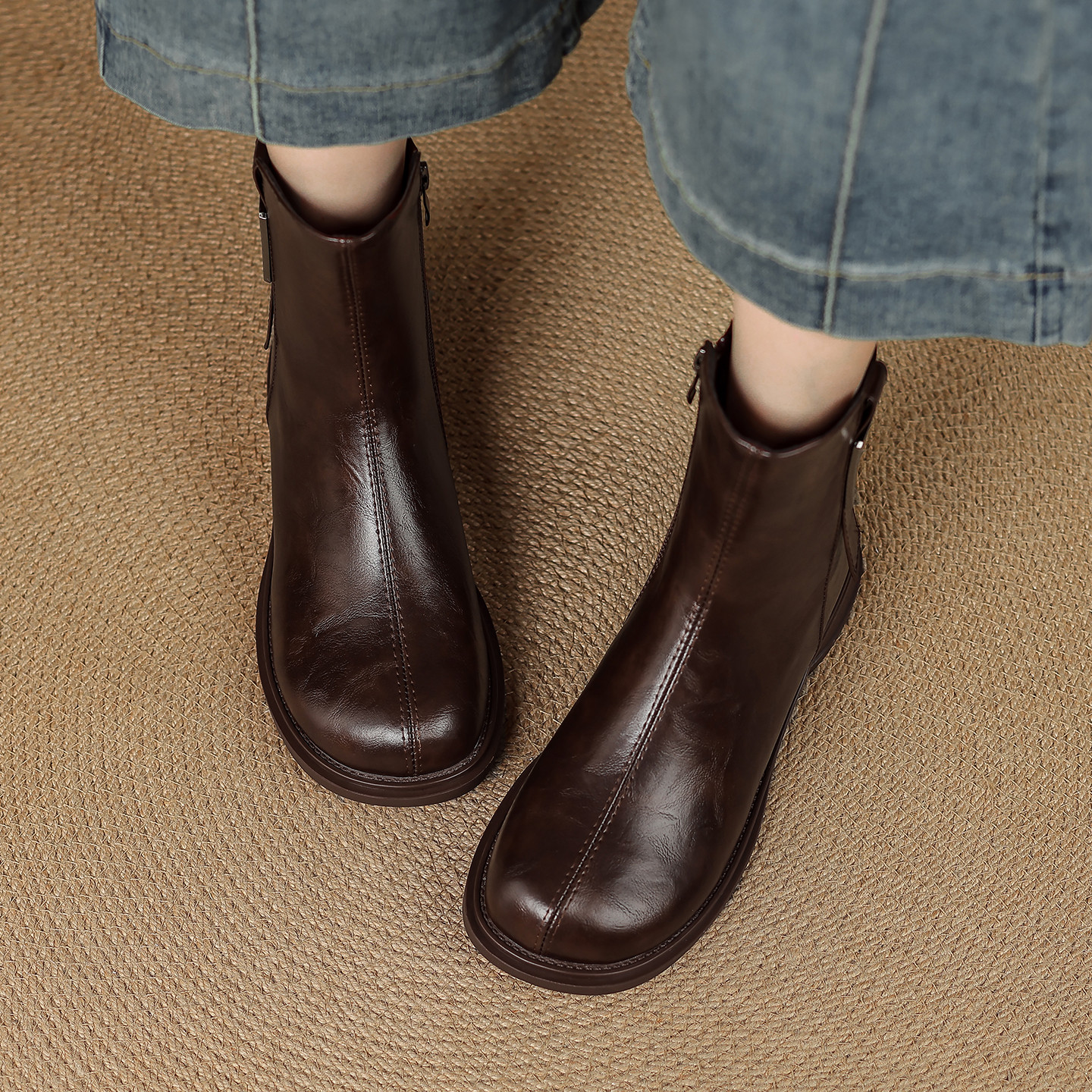 粗中跟软底显瘦短靴女秋冬侧拉链