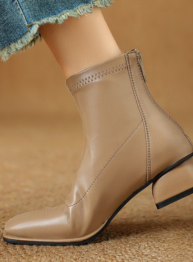 ladyblack3340大码41-43粗中跟方头显瘦后拉链弹力单靴秋冬短靴女