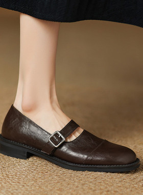 ladyblack3340大码41-43粗中跟一字扣带浅口单鞋女复古玛丽珍鞋子