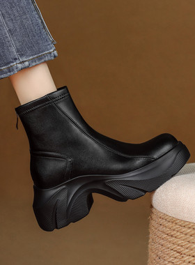ladyblack厚底松糕底超轻后拉链弹力增高显瘦短靴女32大小码41-43