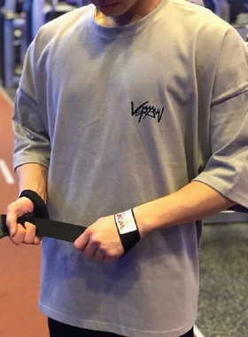 2025新款夏季短袖t恤男纯棉胖子大码五分袖健身衣服宽松半袖透气